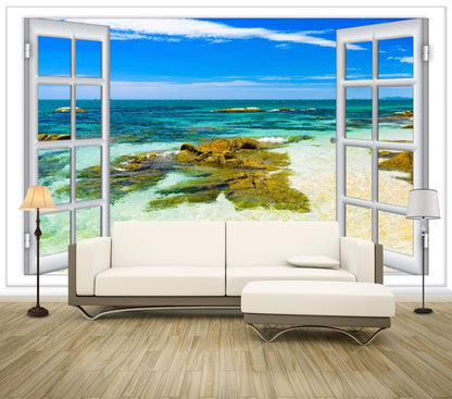 Wallpaper Murals Peel and Stick Removable Stunning Beach View through Window High Quality