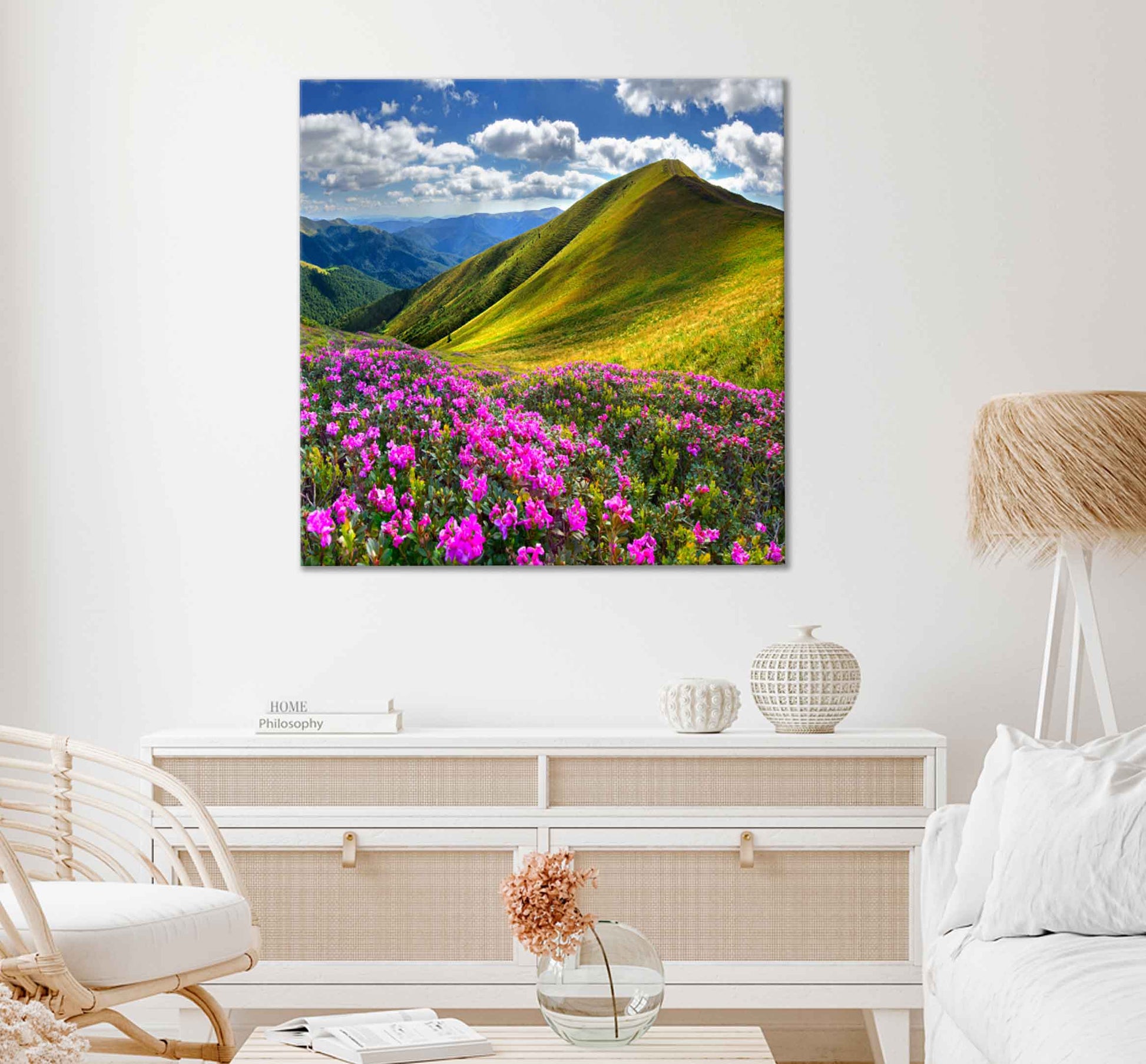 Square Canvas Pink Rhododendron Flowers & Mountains High Quality Print 100% Australian Made