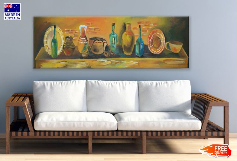 Panoramic Canvas Bottles & Plates Painting High Quality 100% Australian made wall Canvas Print ready to hang