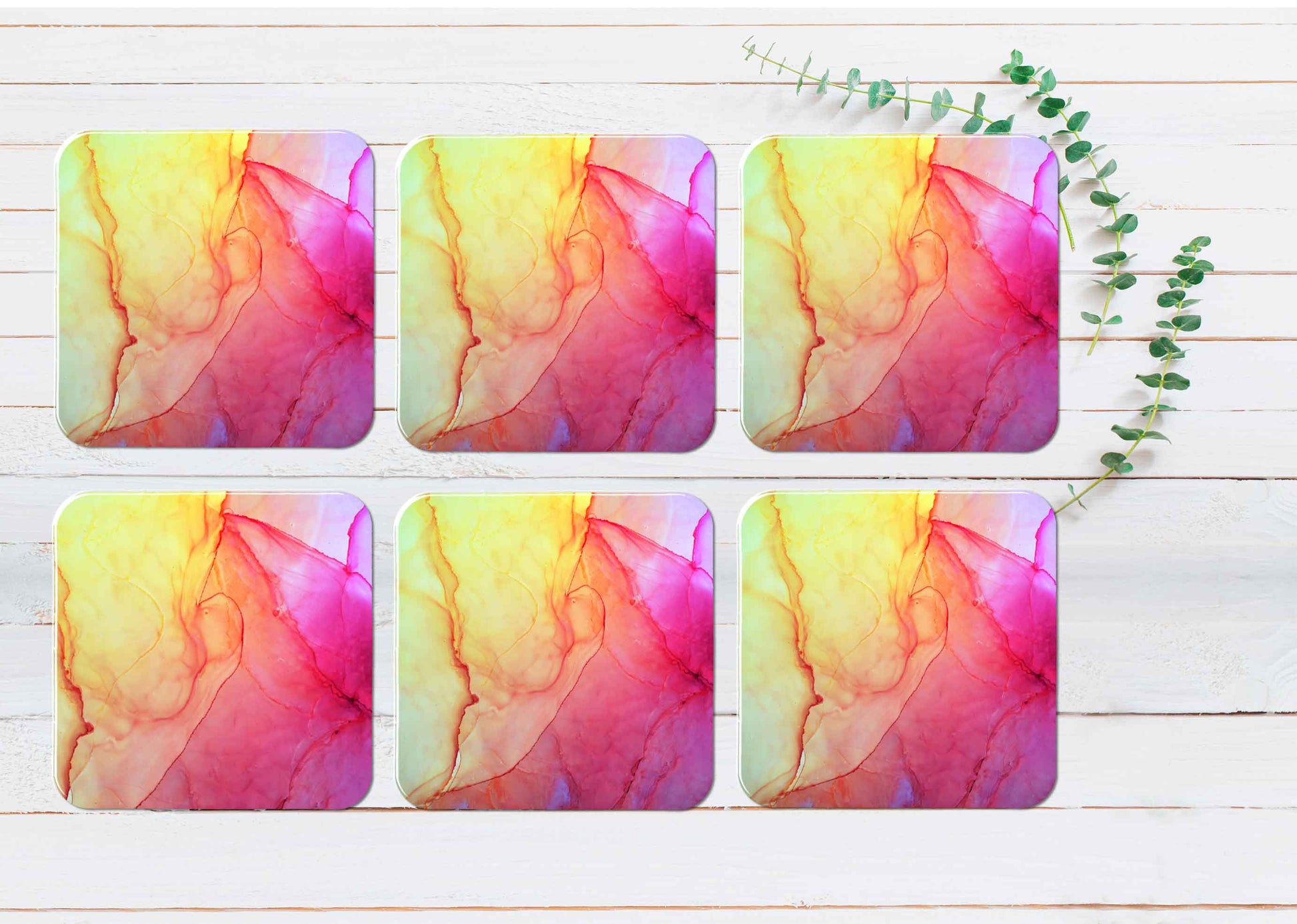 Yellow Pink Purple Abstract Design Coasters Wood & Rubber - Set of 6 Coasters