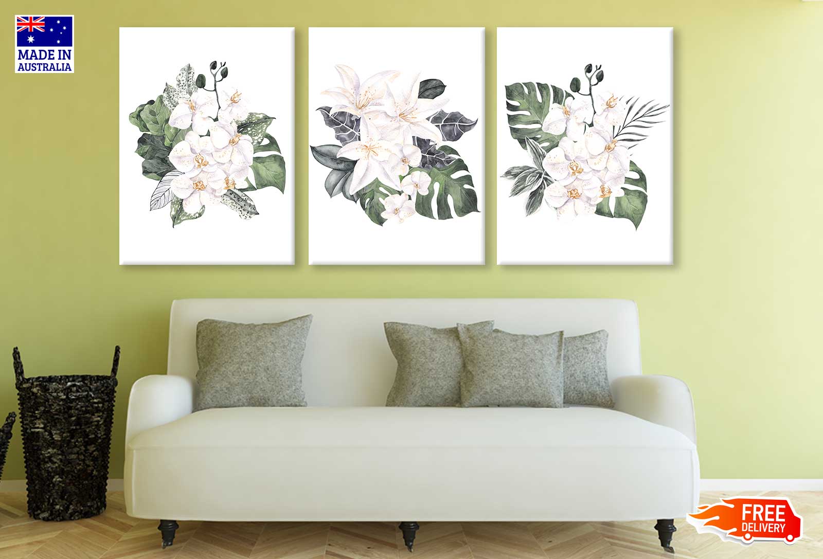 3 Set of White Tropical Flower Bouquets with Green Leaves Watercolor Painting High Quality Print 100% Australian Made Wall Canvas Ready to Hang