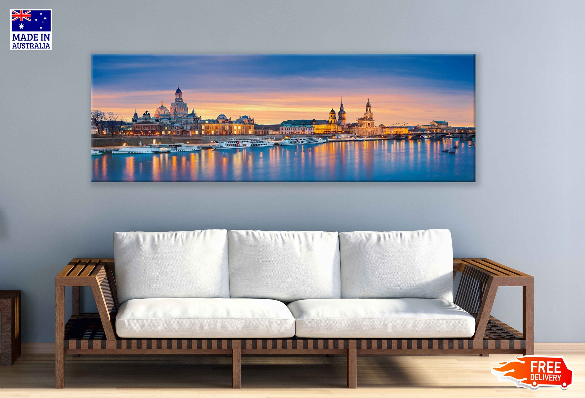 Panoramic Canvas Dresden Elbe Valley Port Night Photograph High Quality 100% Australian Made Wall Canvas Print Ready to Hang