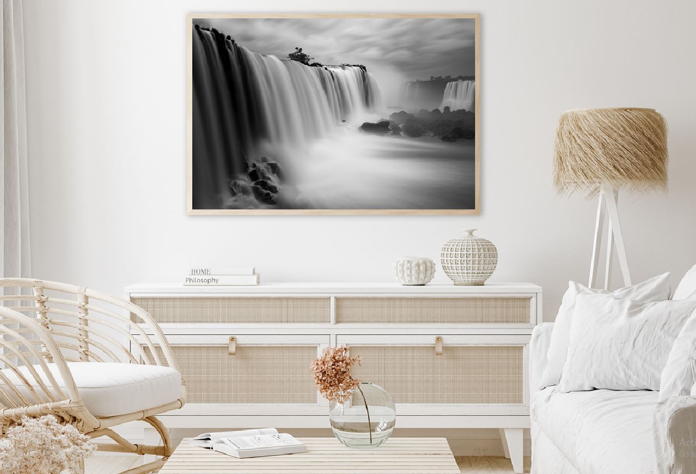 Waterfall under Cloudy Sky B&W View Photograph Home Decor Premium Quality Poster Print Choose Your Sizes