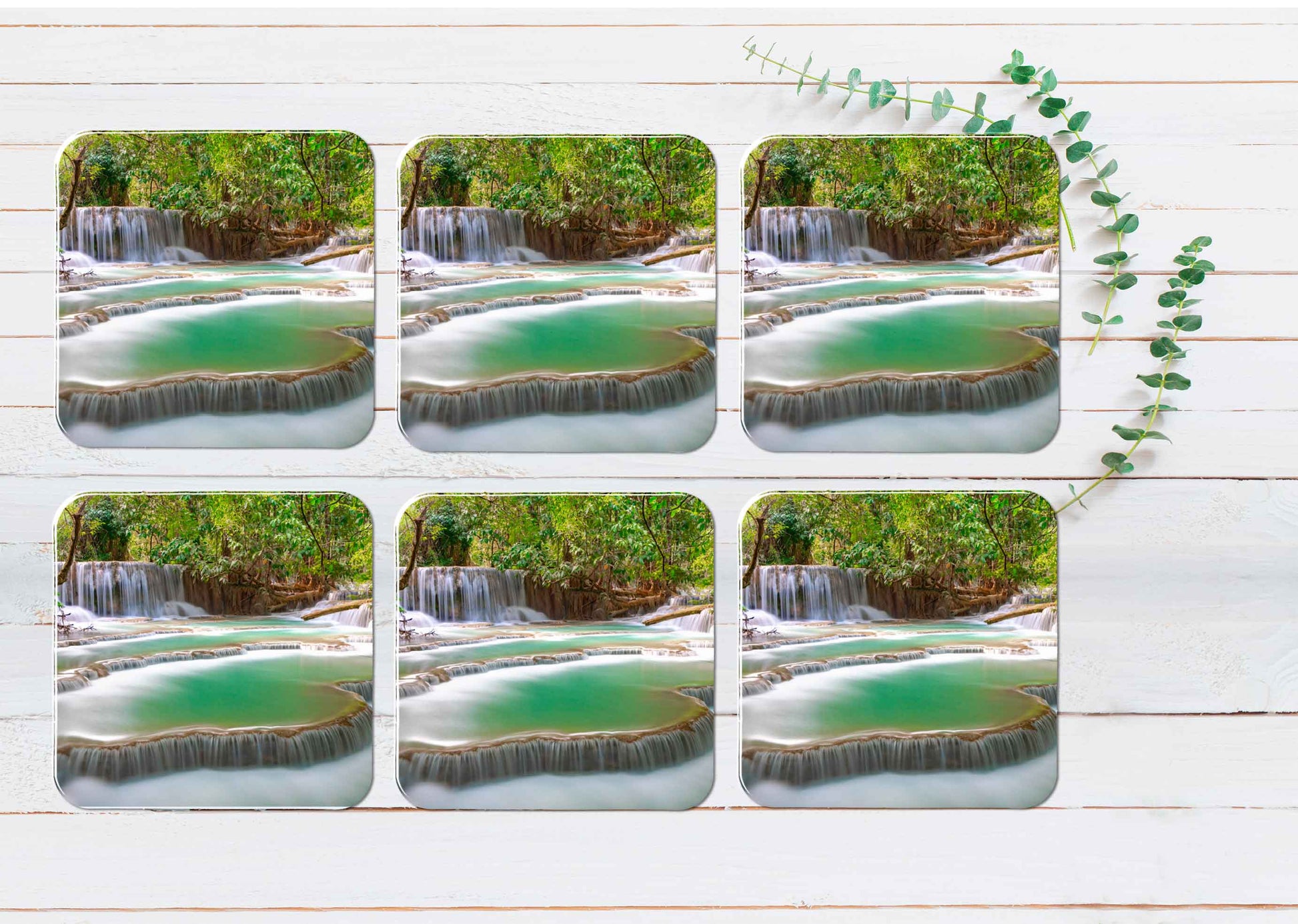 The Tat Kuang Si Waterfalls Coasters Wood & Rubber - Set of 6 Coasters