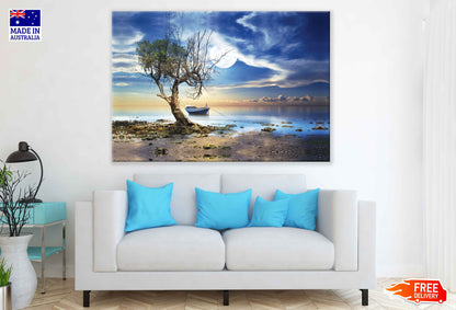 Dead Tree Near Seashore with Boat Photograph Print 100% Australian Made