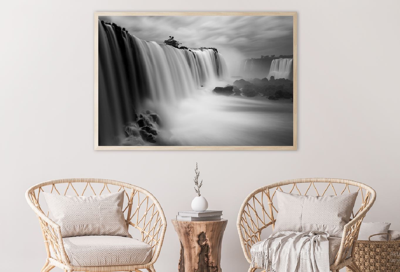 Waterfall under Cloudy Sky B&W View Photograph Home Decor Premium Quality Poster Print Choose Your Sizes