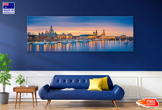 Panoramic Canvas Dresden Elbe Valley Port Night Photograph High Quality 100% Australian Made Wall Canvas Print Ready to Hang