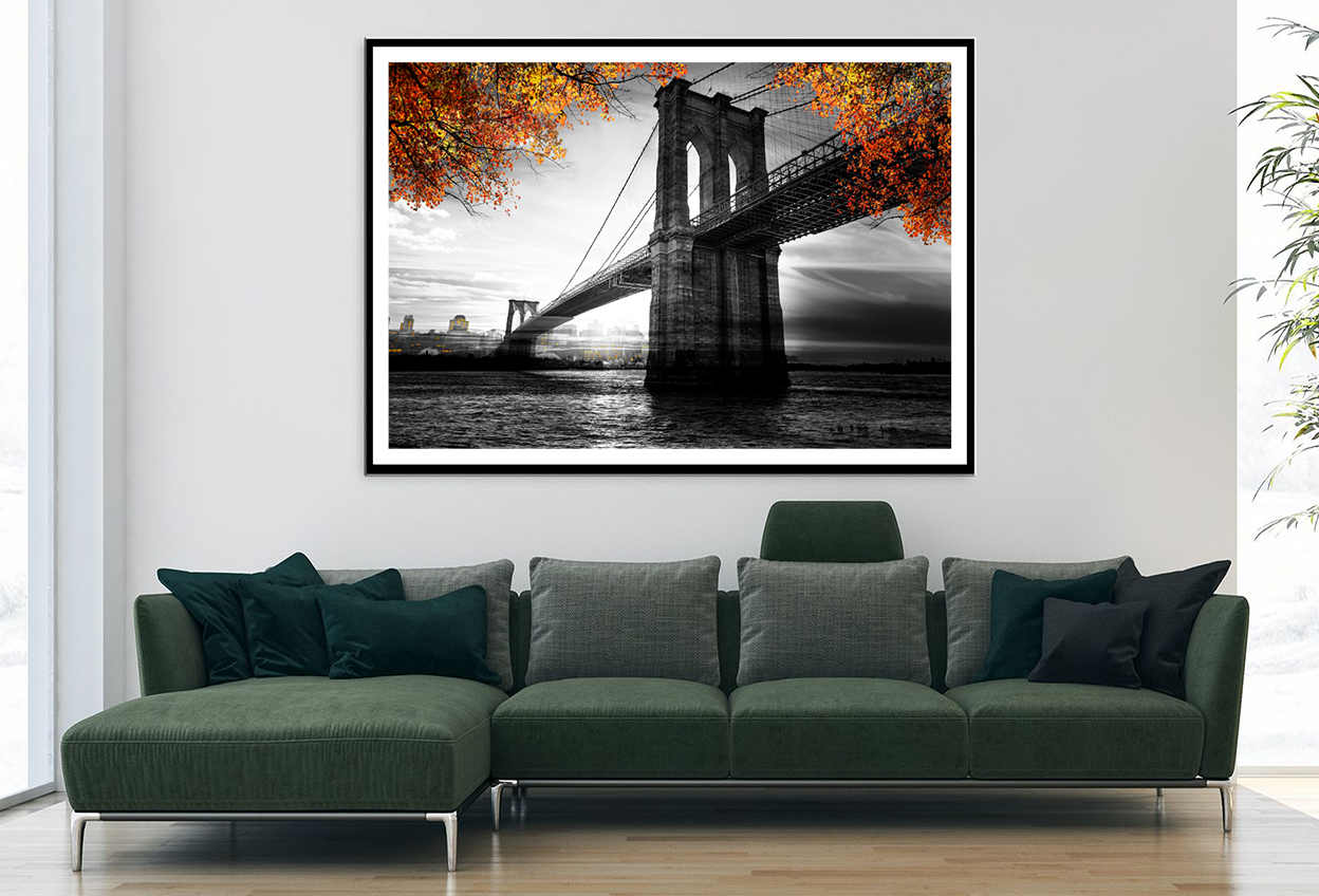 B&W Bridge & Autumn Tree View Photograph Home Decor Premium Quality Poster Print Choose Your Sizes