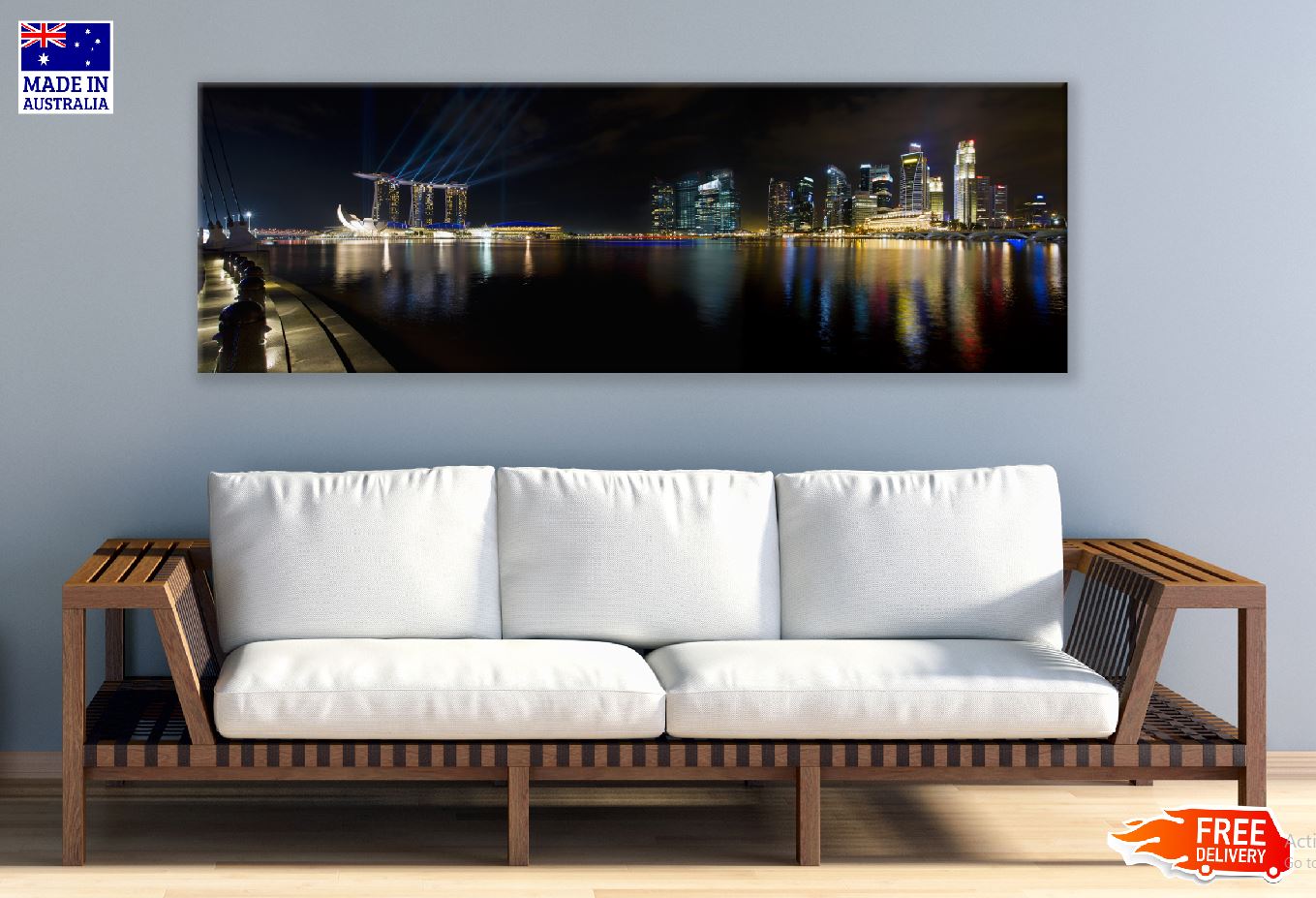 Panoramic Canvas Singapore City Night Photograph High Quality 100% Australian Made Wall Canvas Print Ready to Hang