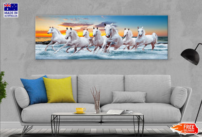 Panoramic Canvas Horses Running on Sea Sunset Scenery View High Quality 100% Australian Made Wall Canvas Print Ready to Hang