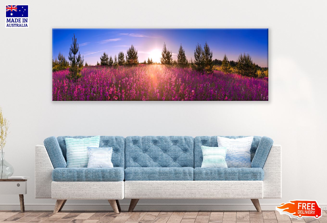 Panoramic Canvas Pink Flowers Field Photograph High Quality 100% Australian Made Wall Canvas Print Ready to Hang