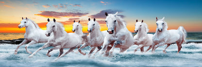 Panoramic Canvas Horses Running on Sea Sunset Scenery View High Quality 100% Australian Made Wall Canvas Print Ready to Hang