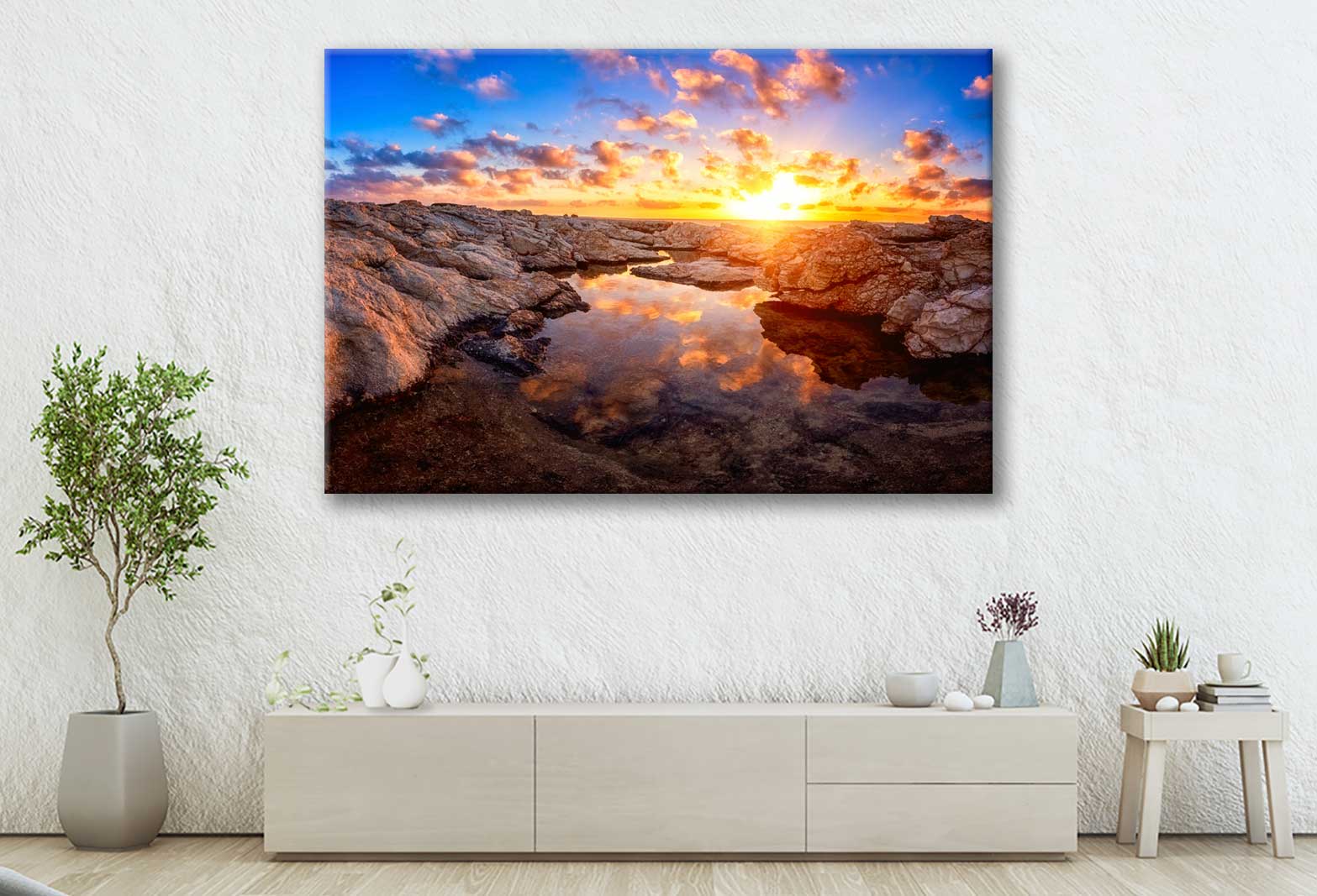 Bella Home Rocks with Sun & Cloudy Sky Sunset Print Canvas Ready to hang