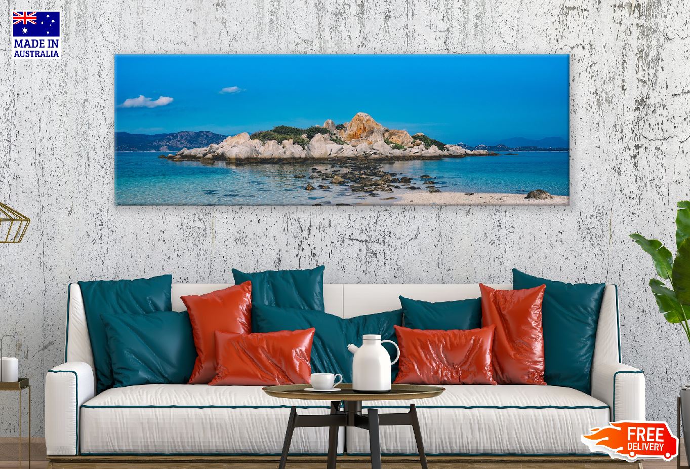 Panoramic Canvas Rocky Beach Island View Photograph High Quality 100% Australian Made Wall Canvas Print Ready to Hang