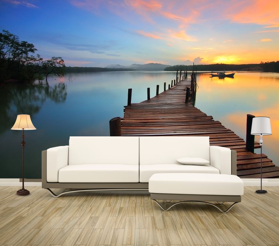 Wallpaper Murals Peel and Stick Removable Wooden Pier Over the Beach on Sunset High Quality