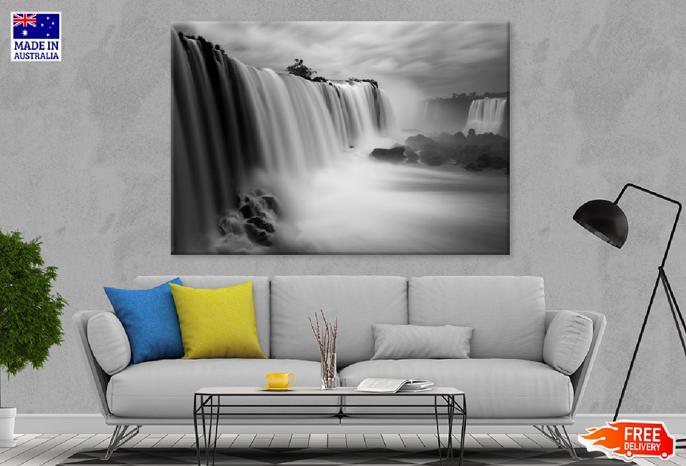 Waterfall under Cloudy Sky B&W Photograph Print 100% Australian Made