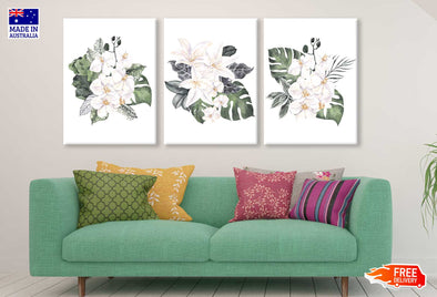 3 Set of White Tropical Flower Bouquets with Green Leaves Watercolor Painting High Quality Print 100% Australian Made Wall Canvas Ready to Hang