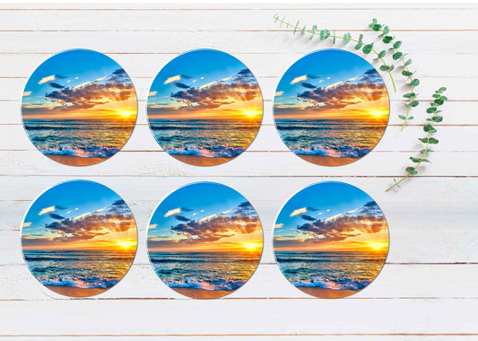 Sunset Beach View Coasters Wood & Rubber - Set of 6 Coasters