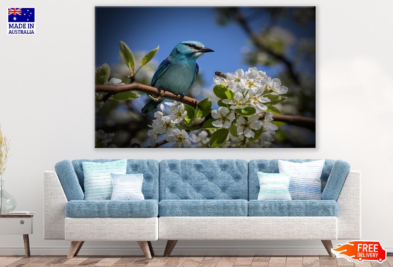 Blue Bird on Blossom Flower Branch Photograph Print 100% Australian Made