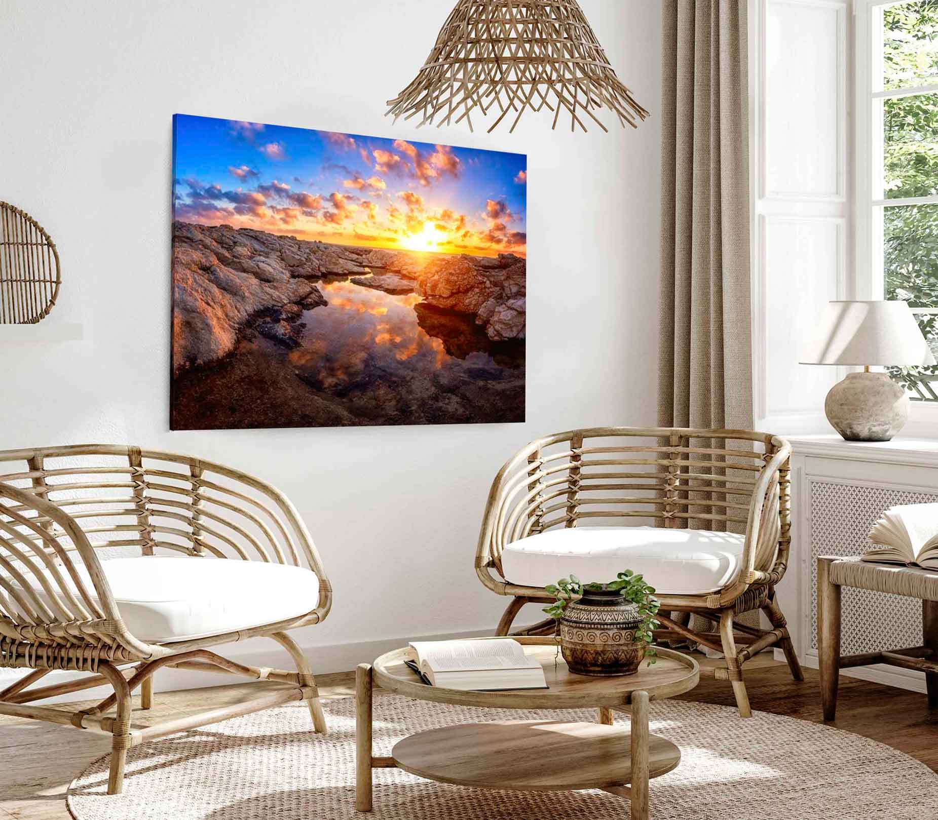 Bella Home Rocks with Sun & Cloudy Sky Sunset Print Canvas Ready to hang