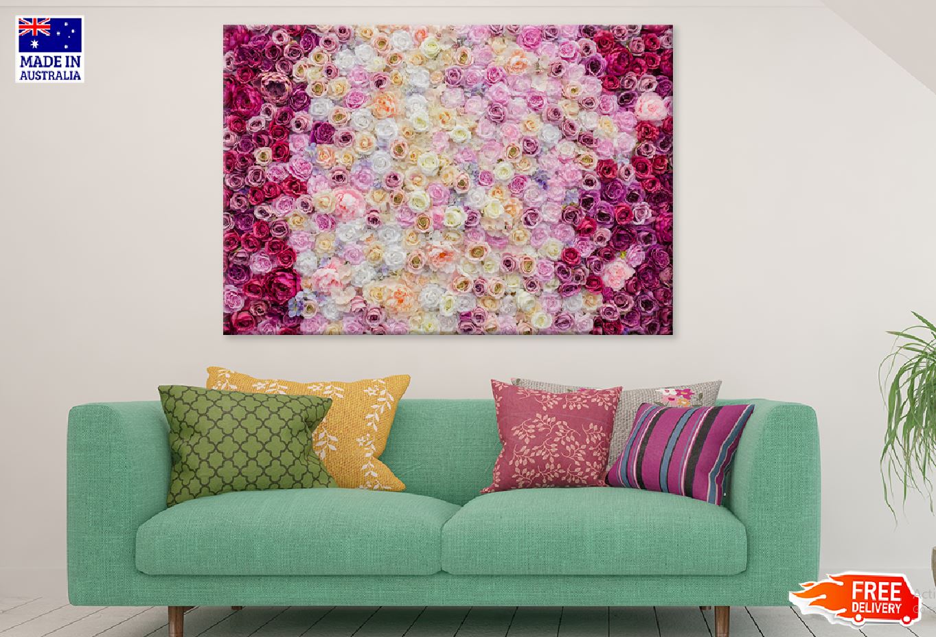 Colorful Decorated Roses on Wall Photograph Print 100% Australian Made