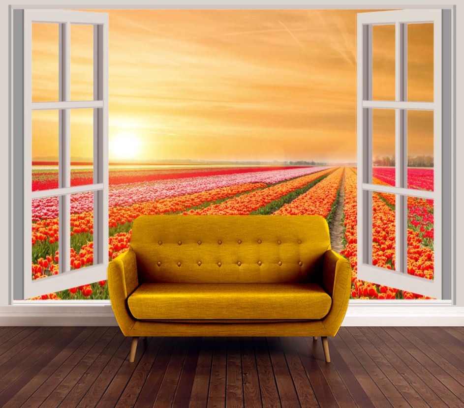 Wallpaper Murals Peel and Stick Removable Stunning Floral Field Sunset View from Window High Quality