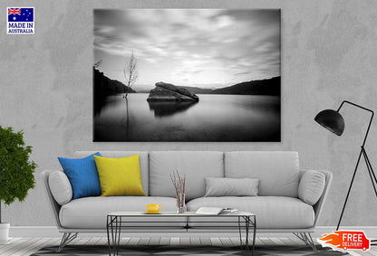 Rock on Lake with Mountains B&W View Photograph Print 100% Australian Made