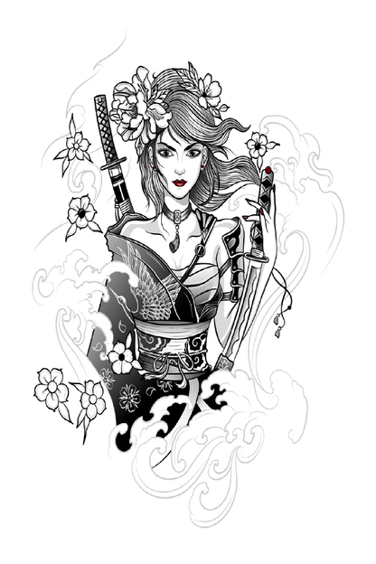 Japanese Woman Warrior with Katana in Hand B&W Digital Art Print 100% Australian Made