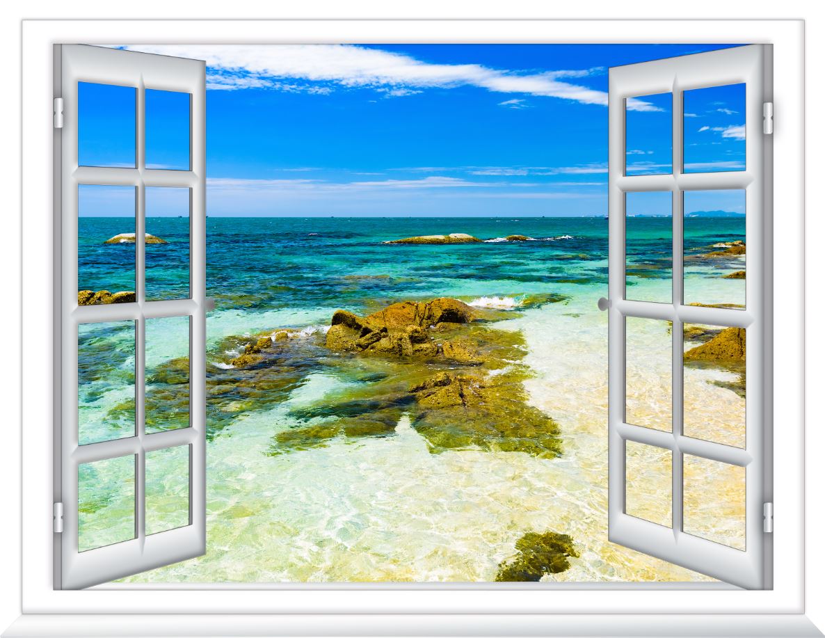 Wallpaper Murals Peel and Stick Removable Stunning Beach View through Window High Quality