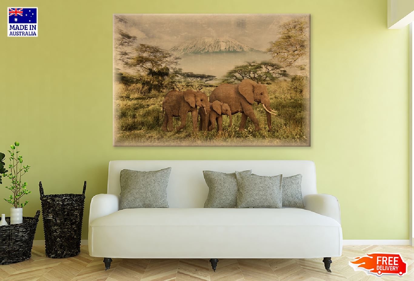 Vantage Old Elephants in Field Photograph Print 100% Australian Made