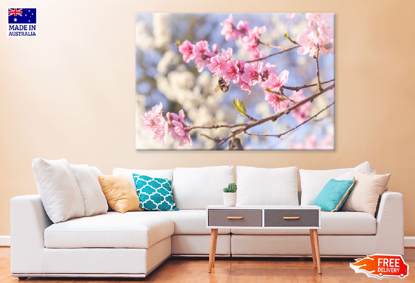 Pink Cherry Flowers Branch View Photograph Print 100% Australian Made