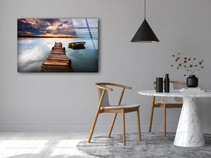 Boat & Wooden Pier on Lake Photograph Acrylic Glass Print Tempered Glass Wall Art 100% Made in Australia Ready to Hang