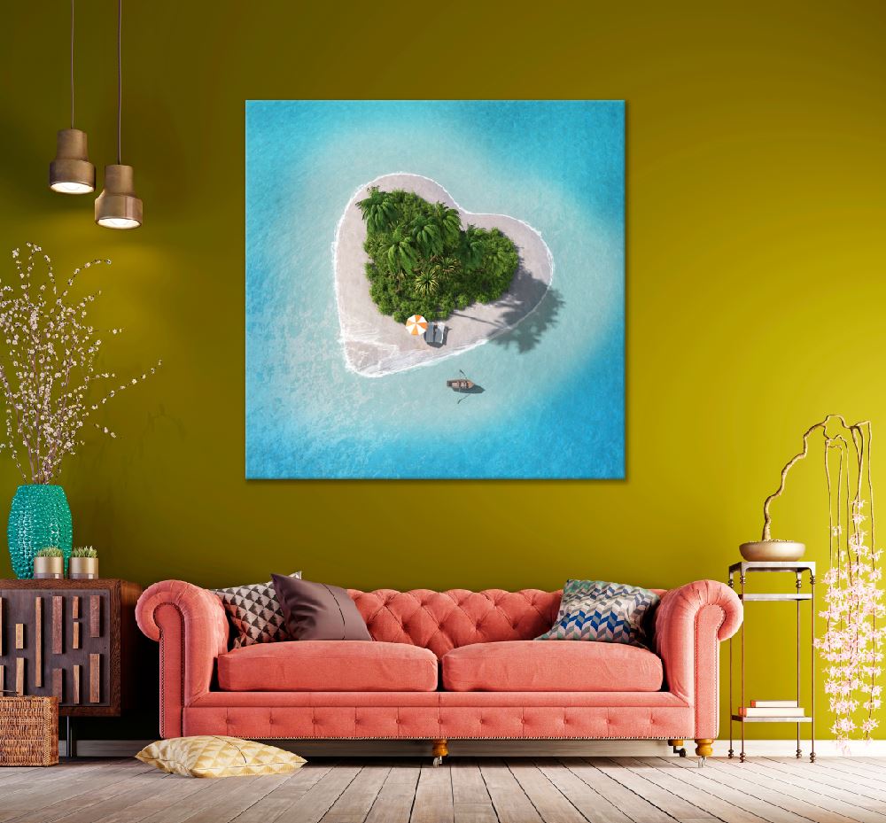 Square Canvas Heart Island & Boat Aerial View Photograph High Quality Print 100% Australian Made