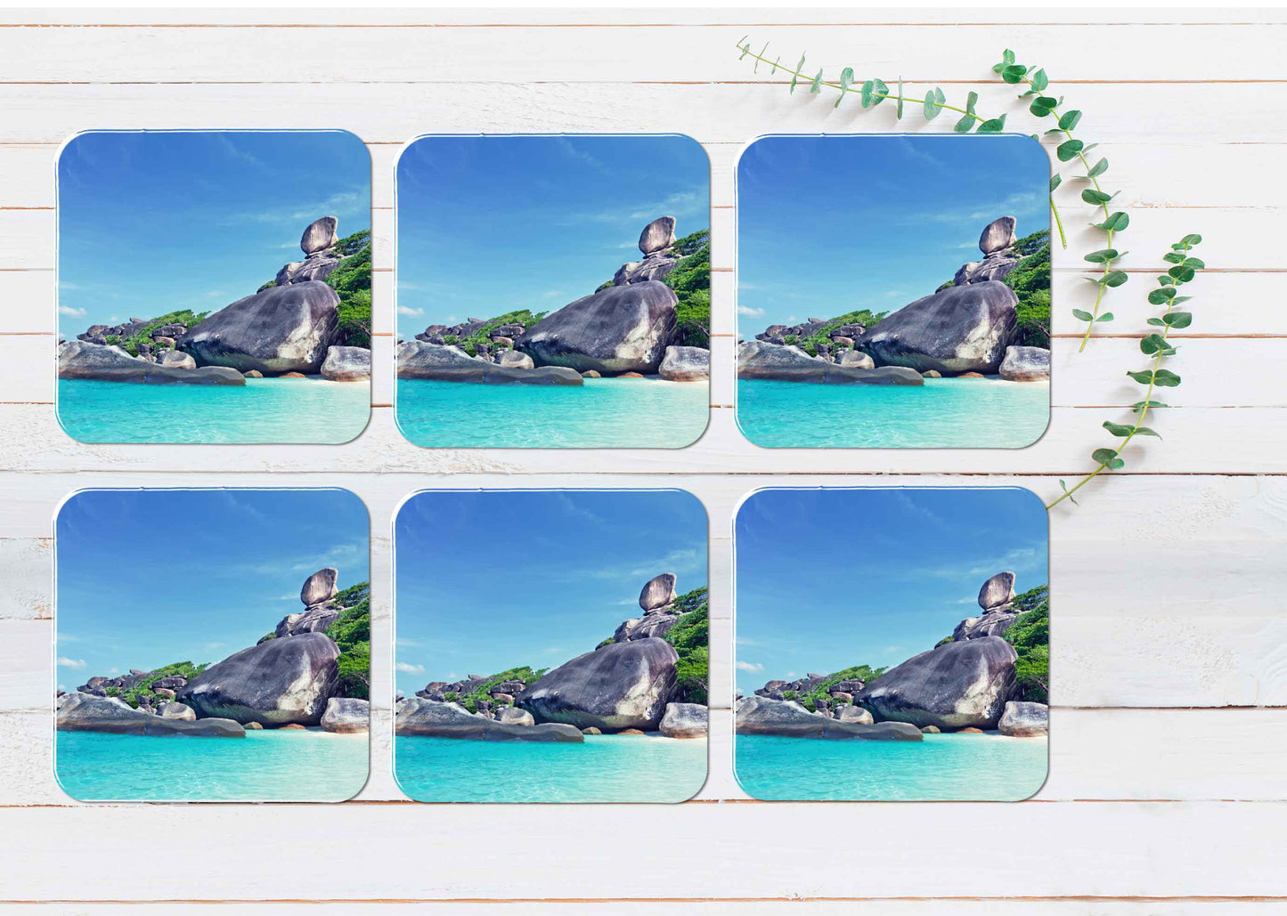 Rocks & Trees near Beach Blue Sky Coasters Wood & Rubber - Set of 6 Coasters