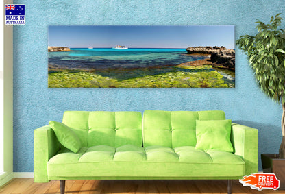 Panoramic Canvas Tropical Ocean Boats View Photograph High Quality 100% Australian Made Wall Canvas Print Ready to Hang