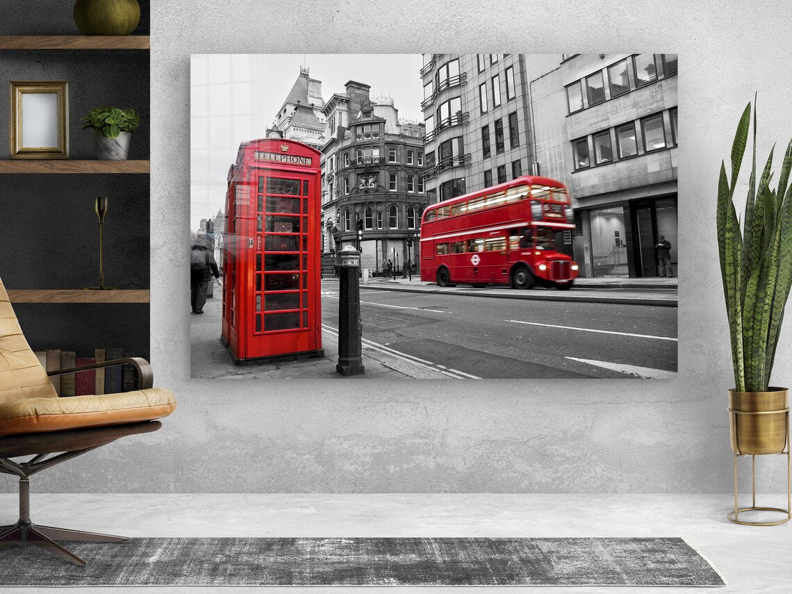 Red Bus Booth B&W City Print Tempered Glass Wall Art 100% Made in Australia Ready to Hang