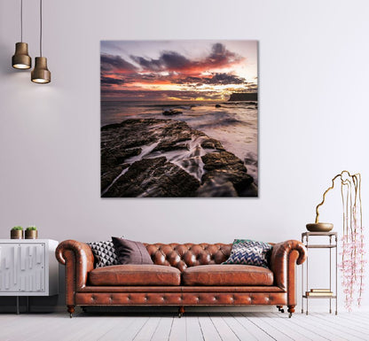 Square Canvas Rocky Sea with Clouds Sunset Scenery High Quality Print 100% Australian Made