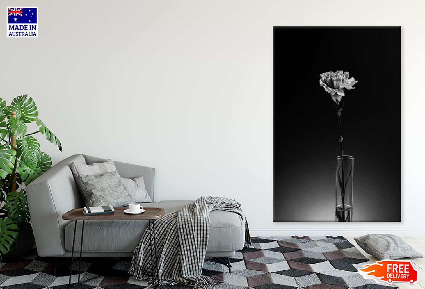 White Flower with Glass Vase B&W Photograph Print 100% Australian Made