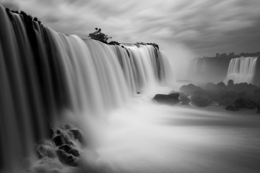 Waterfall under Cloudy Sky B&W View Photograph Home Decor Premium Quality Poster Print Choose Your Sizes