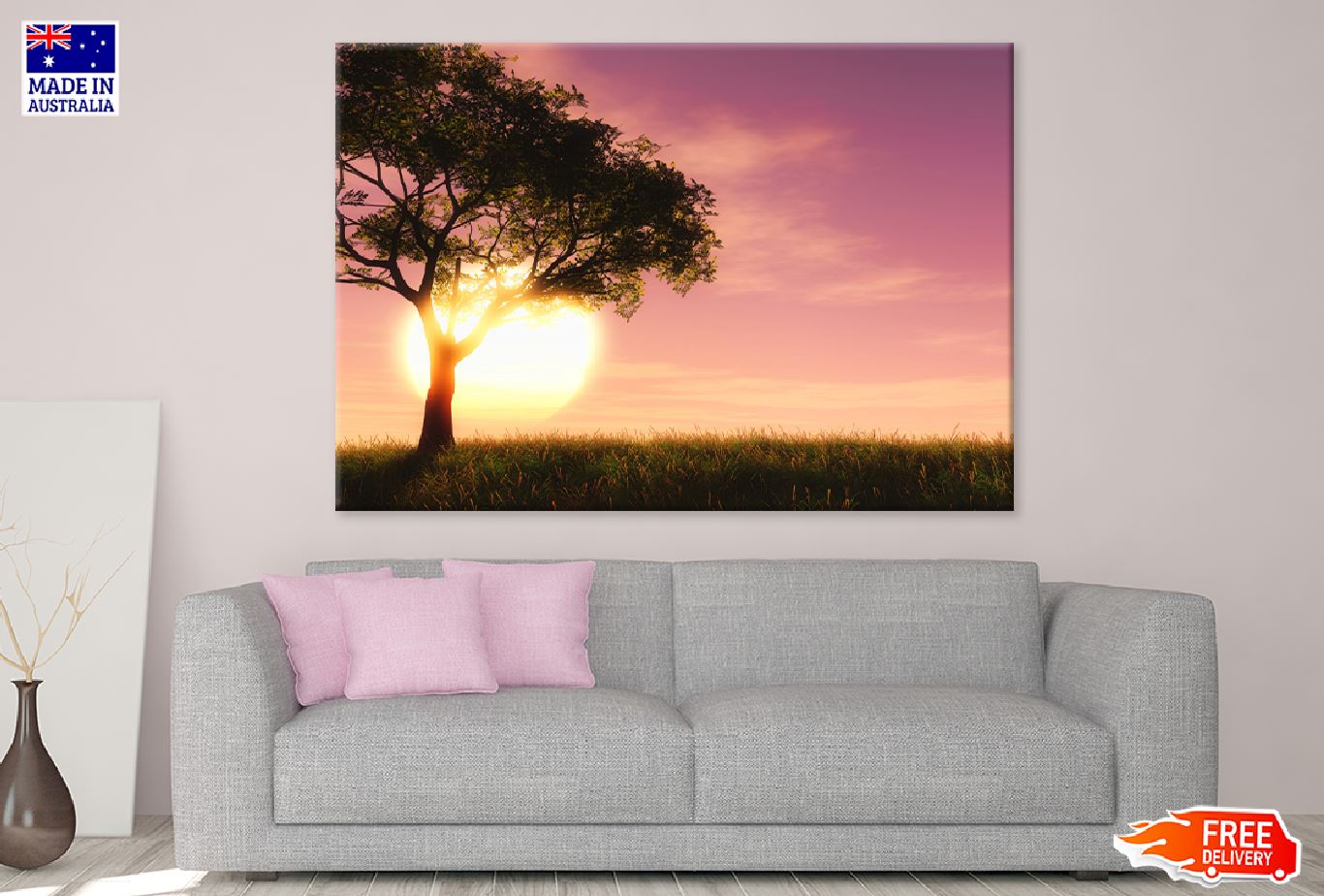 Tree on Grass Field Pink Sunset Photograph Print 100% Australian Made