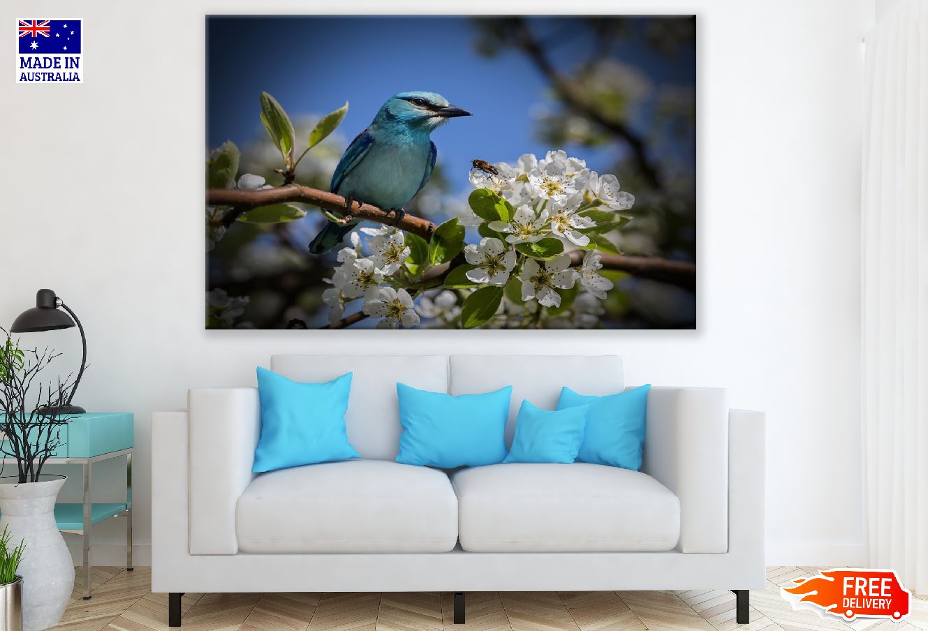 Blue Bird on Blossom Flower Branch Photograph Print 100% Australian Made