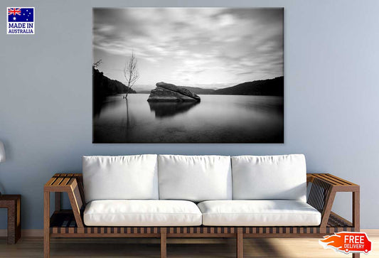 Rock on Lake with Mountains B&W View Photograph Print 100% Australian Made