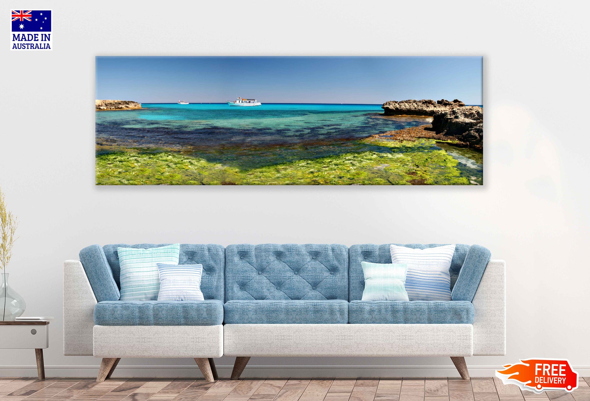 Panoramic Canvas Tropical Ocean Boats View Photograph High Quality 100% Australian Made Wall Canvas Print Ready to Hang