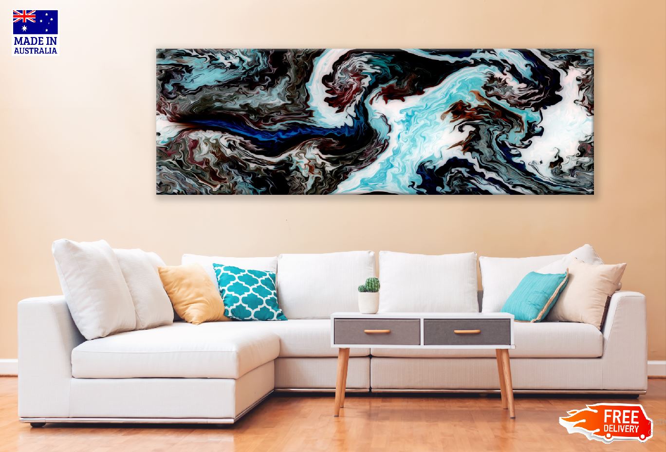 Panoramic Canvas Blue Black Fluid Ink Abstract Design High Quality 100% Australian Made Wall Canvas Print Ready to Hang