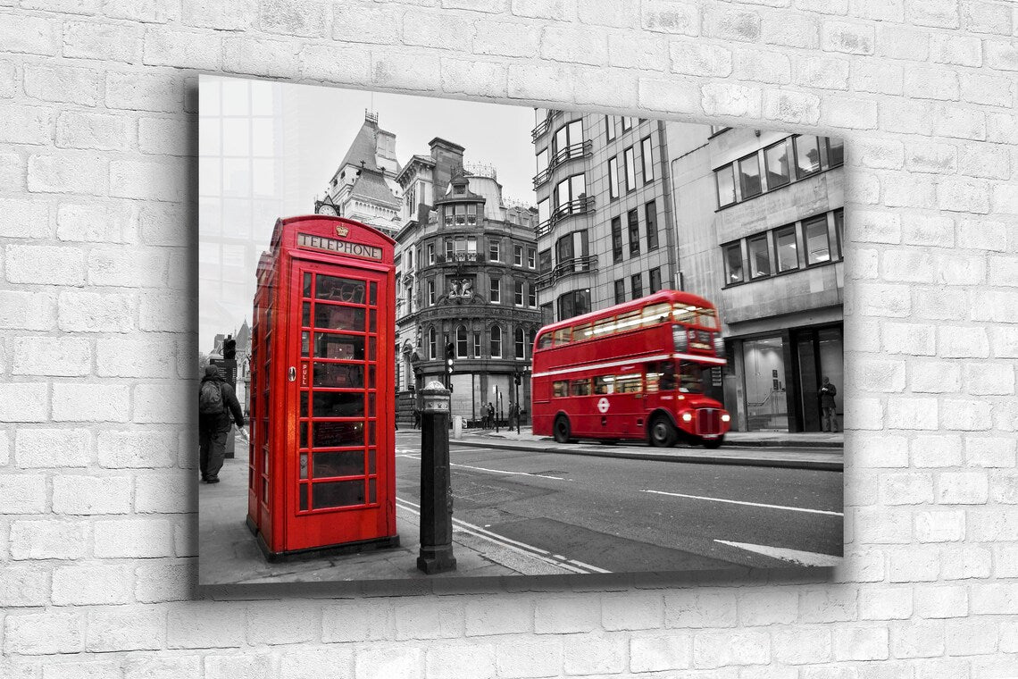 Red Bus Booth B&W City Print Tempered Glass Wall Art 100% Made in Australia Ready to Hang