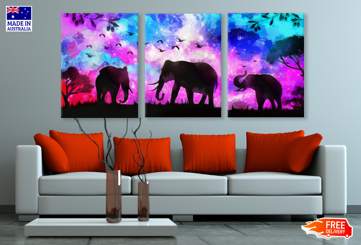 3 Set of Abstract Colourful Background with Elephants High Quality print 100% Australian made wall Canvas ready to hang