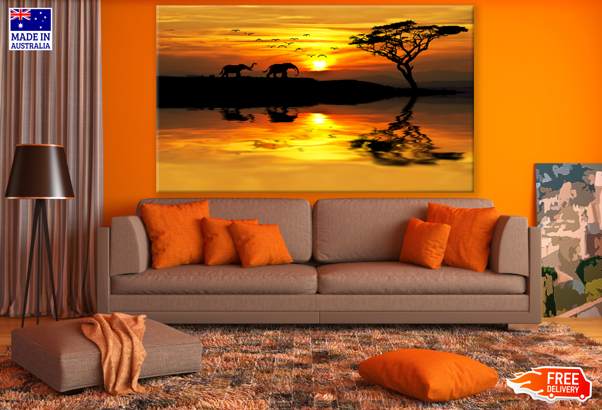 Elephants Walking on a River Bank Sunset Print 100% Australian Made