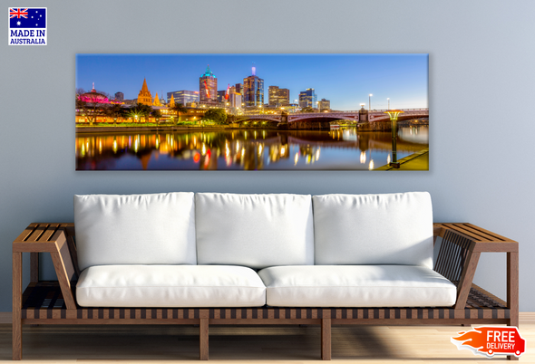 Panoramic Canvas City View Night Canal High Quality 100% Australian made wall Canvas Print ready to hang