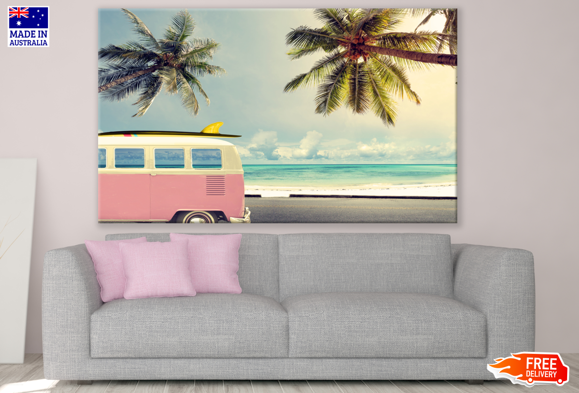 Sea View with Trees & Pink Mini Van Photograph Print 100% Australian Made