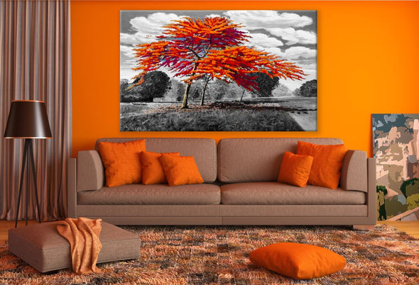 Stunning Orange Leafy Tree with B&W Background Painting Print 100% Australian Made